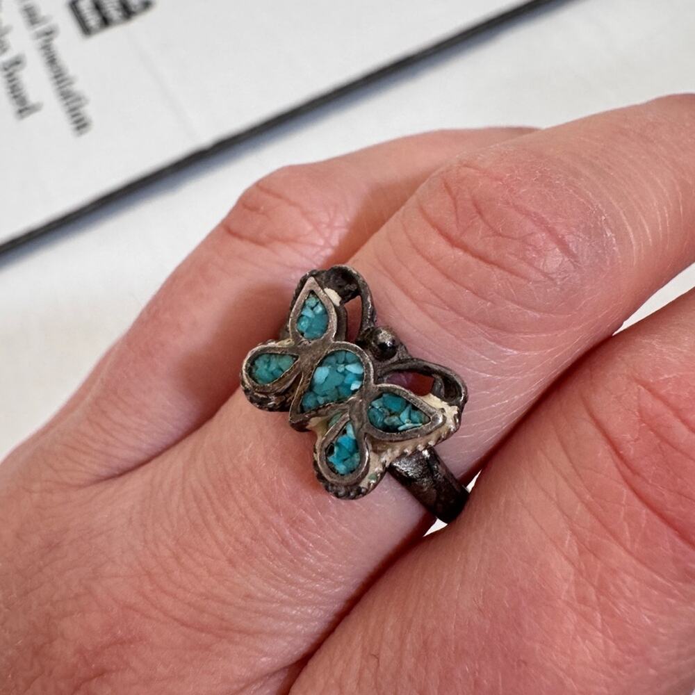 Vintage Native American Silver Turquoise Inlay Butterly Ring Womens 7.5 Estate - Picture 9 of 9